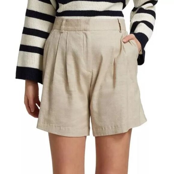 FRAME Pleated Size 4 Shorts Khaki Linen Blend Cuff Hem High Waist Pockets Preppy - Picture 1 of 7